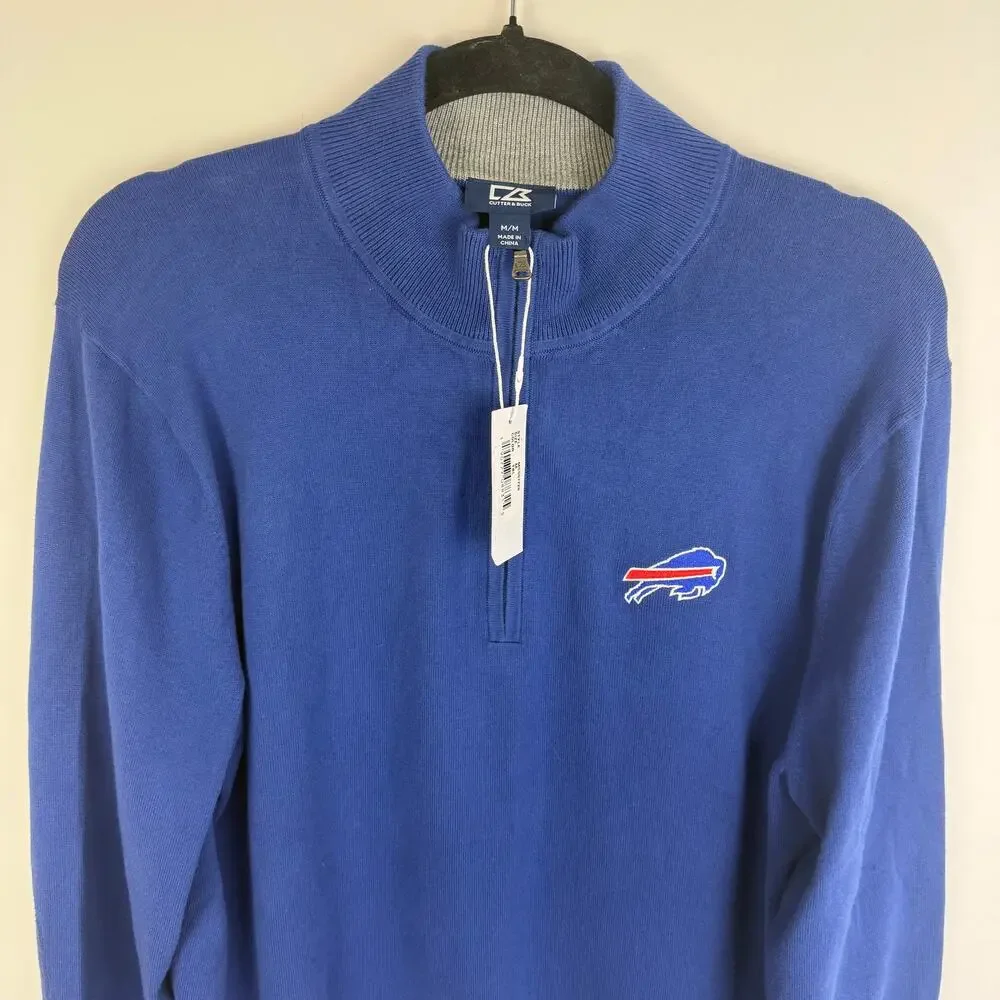 NWT Cutter & Buck Mens Buffalo Bills Quarter-Zip Long Sleeve Blue Sweater Medium